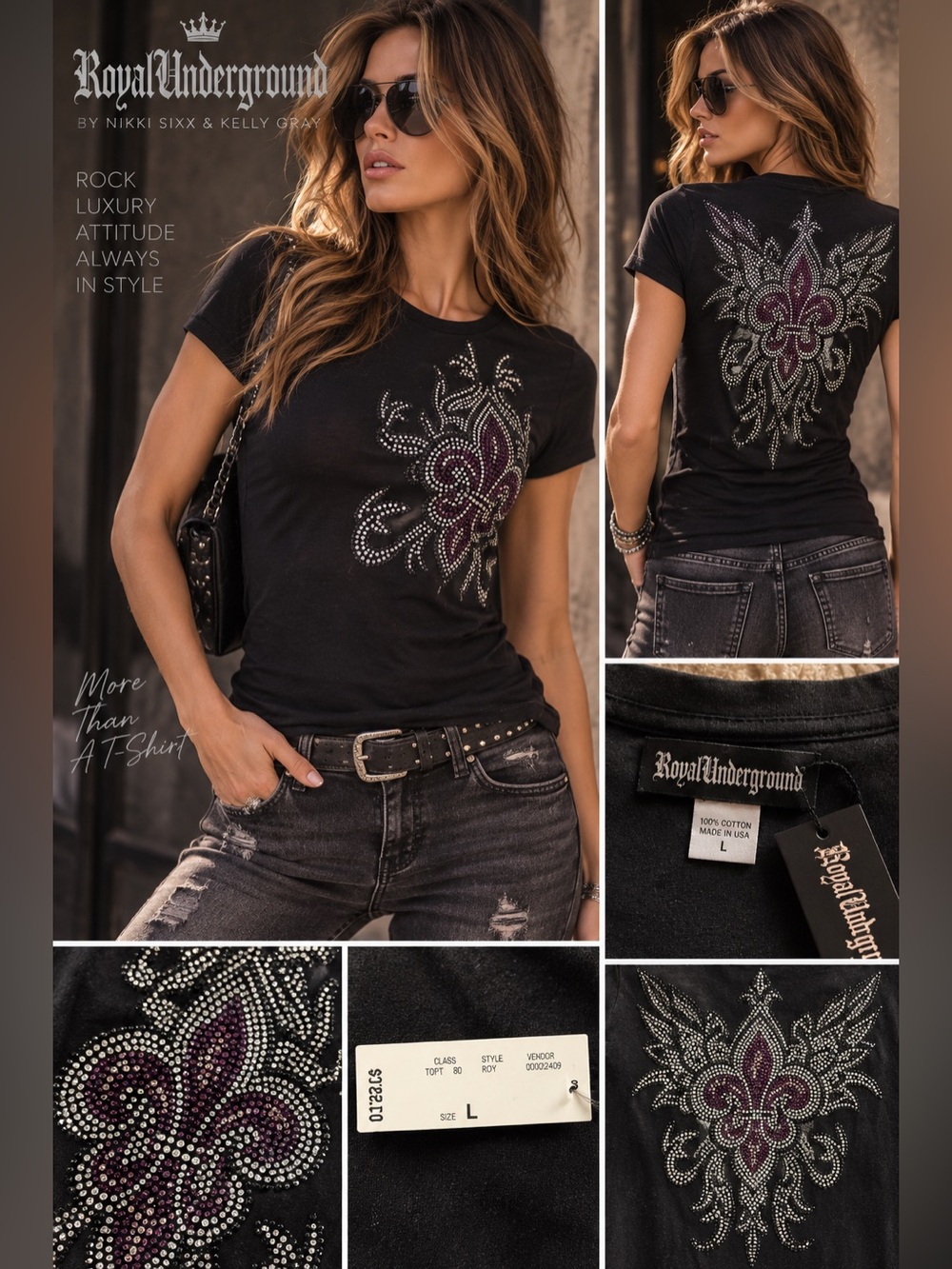 Royal Underground Nikki Sixx Y2K Rhinestone Fleur de Lis Tee NWT L
